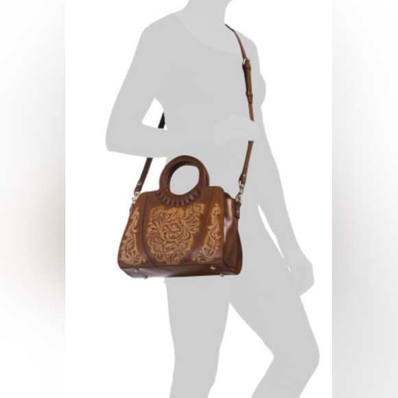 NWT Patricia Nash Lyon Tooled Leather Satchel with crossbody strap, Tan Multi - Picture 9 of 10